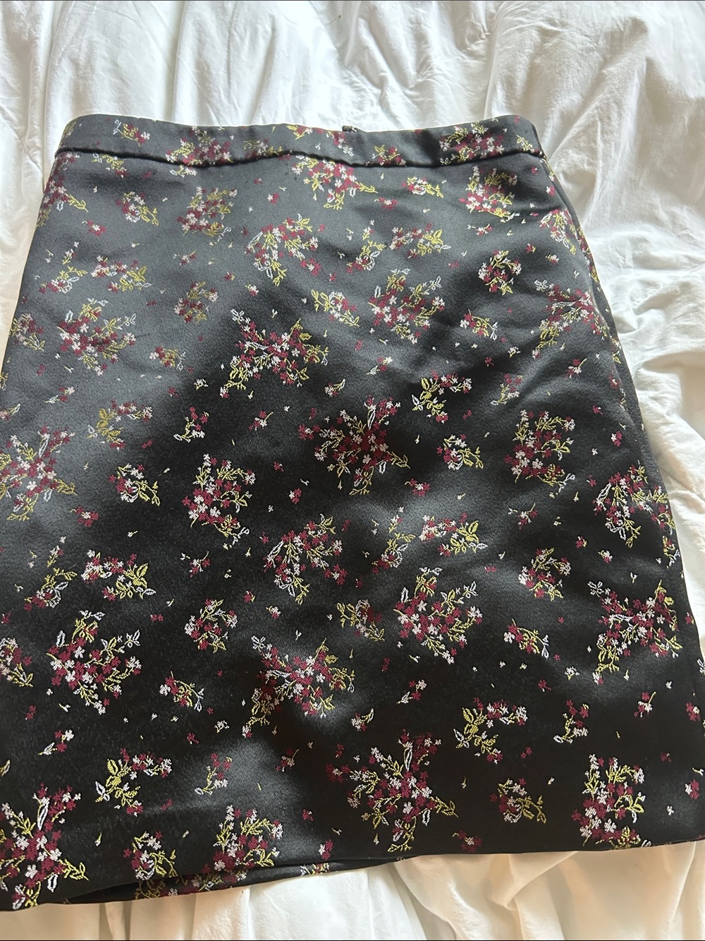 LOFT Black Mini Skirt with Pink and Green Floral Clusters